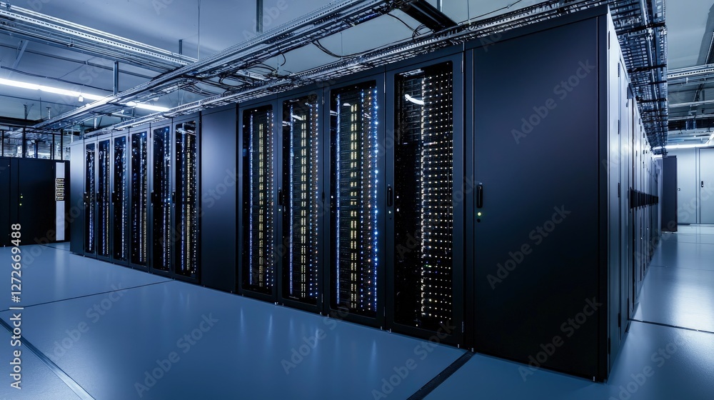 Aufkleber High-tech data center with illuminated server racks and advanced networking infrastructure, highlighting digital security and cloud computing. Ideal for IT, AI, and cybersecurity content