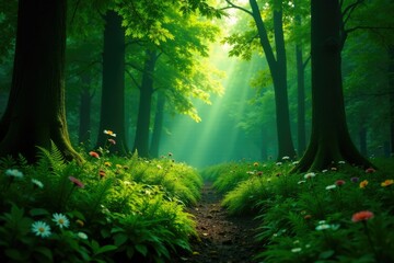 A tranquil forest glade with a carpet of ferns and wildflowers, nature's splendor, lush vegetation, woodland ambiance