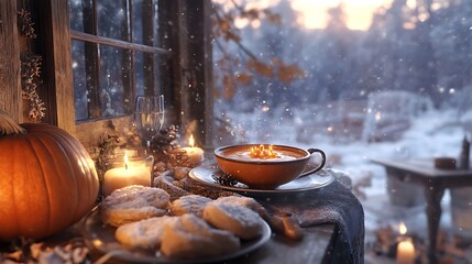 A magical winter comfort dinner, a family sharing hot pumpkin soup, fresh biscuits, and ginger tea, wrapped in cozy knit sweaters, a snow-covered landscape visible through frosted windows,