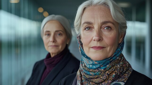 Two mature women, serious expressions, modern background, business or professional setting.  Possible use Stock photo for business articles, or as part of a social media campaign