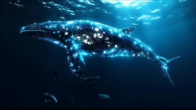 A stunning digital illustration of a bioluminescent whale swimming with dolphins in a deep blue ocean.  Digital art showcasing nature's beauty.