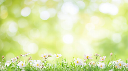 Fototapeta premium Spring's Gentle Embrace: A close-up of a sun-dappled field bursting with wildflowers and lush greenery, it's a serene invitation to nature's beauty and renewal.