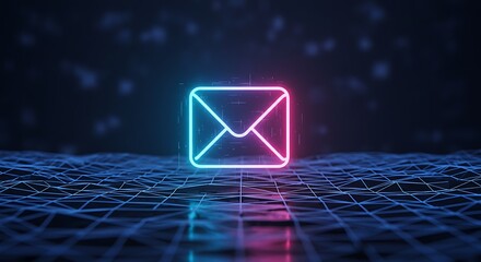 Neon email icon on digital grid - futuristic connection - technology presentation
