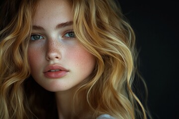 Naklejka premium Portrait of a beautiful woman with wavy hair against black background