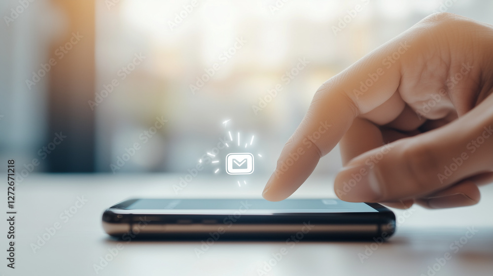 Poster digital touch: a close-up shot of a hand interacting with a modern smartphone, sending a message wit
