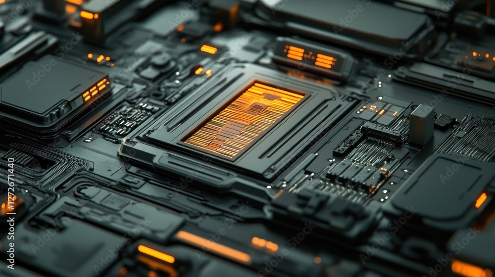 Poster a close-up view of a futuristic circuit board with glowing components.
