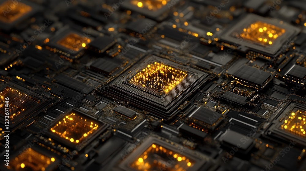 Poster a close-up view of intricate computer chips with glowing elements, showcasing technology.