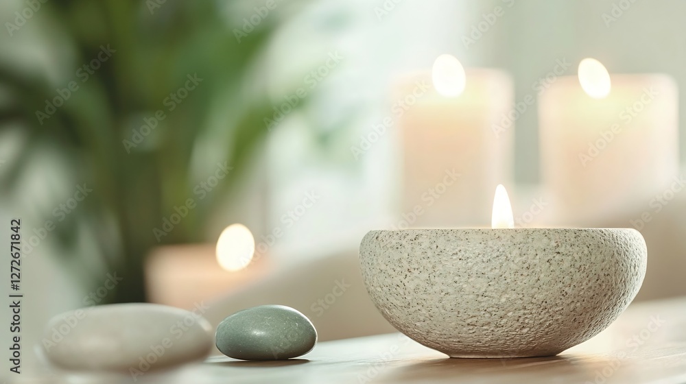 Fototapete sleek design of a stone bowl with candle flames and pebbles for a calming decorative setup : generat