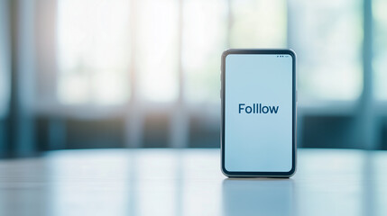 Social Connection: A sleek smartphone, displaying the word "Follow" on its screen, sits on a table, subtly highlighting the allure of digital engagement, social media.