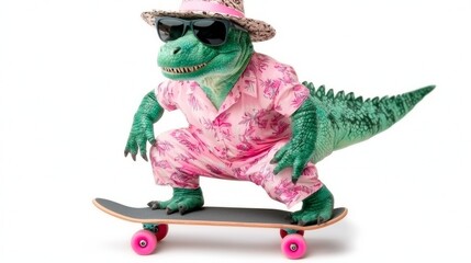 A vibrant dinosaur in a pink Hawaiian shirt and sunglasses skateboarding on a board