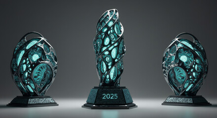 Three futuristic trophies shine with a metallic and turquoise glow