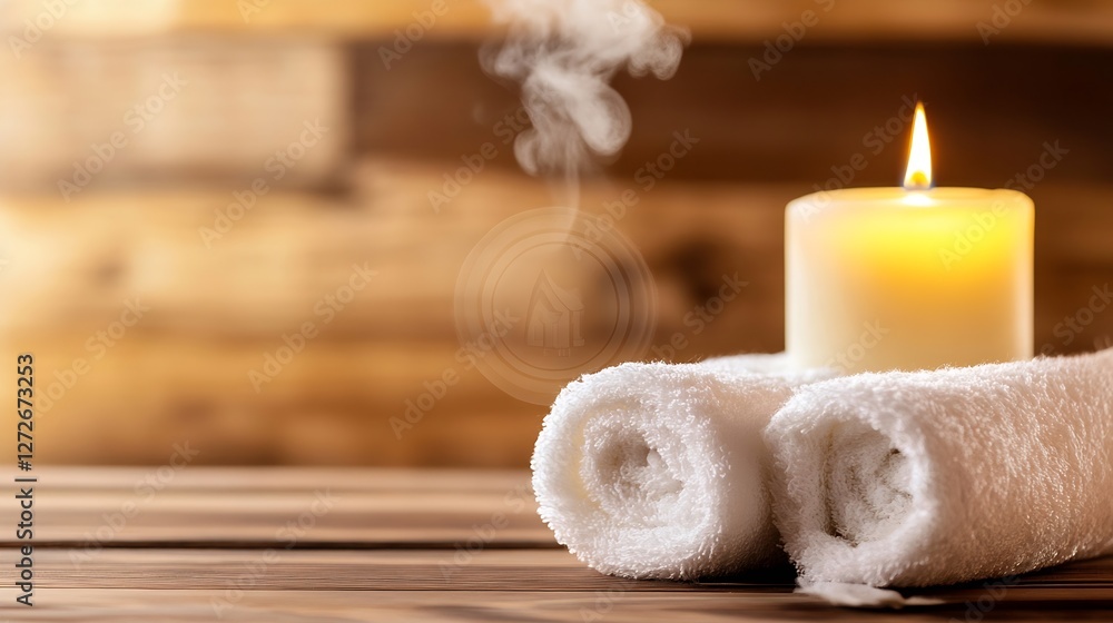 Poster Serene spa setting with rolled towels and a candle creating a relaxing atmosphere : Generative AI