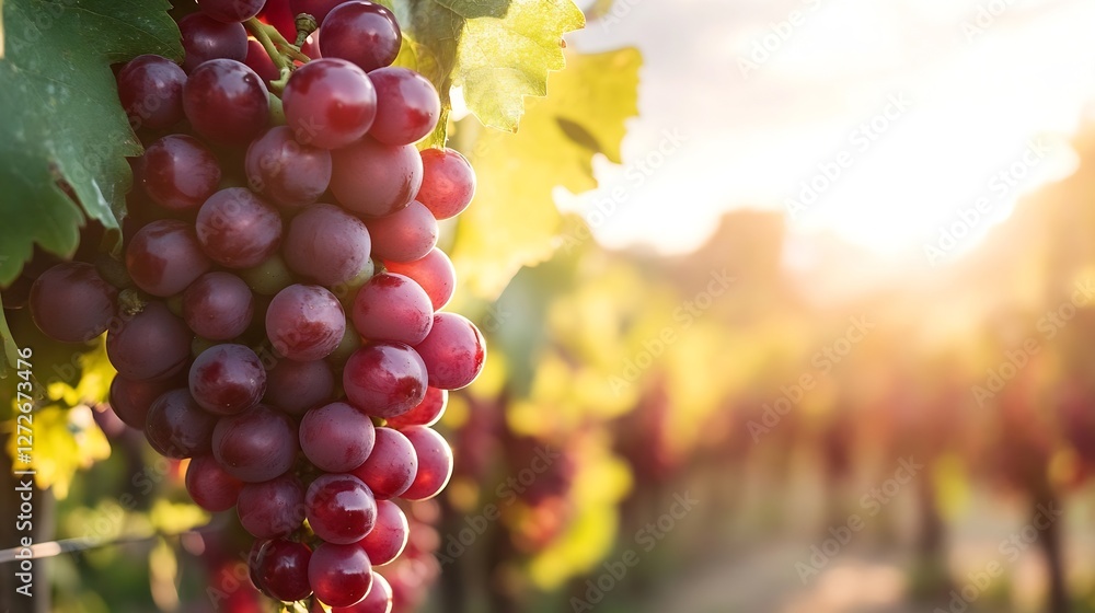 Poster close up of ripe red grapes hanging from vines in beautiful vineyard during sunset : generative ai