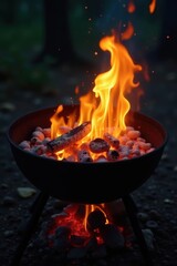 Empty charcoal grill with bright orange flames, ready for cooking, appetizing, food, orange