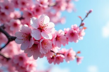Fototapeta premium Full-bodied cherry blossom tree, vibrant pink flowers against a clear sky , pastel pink, floral painting