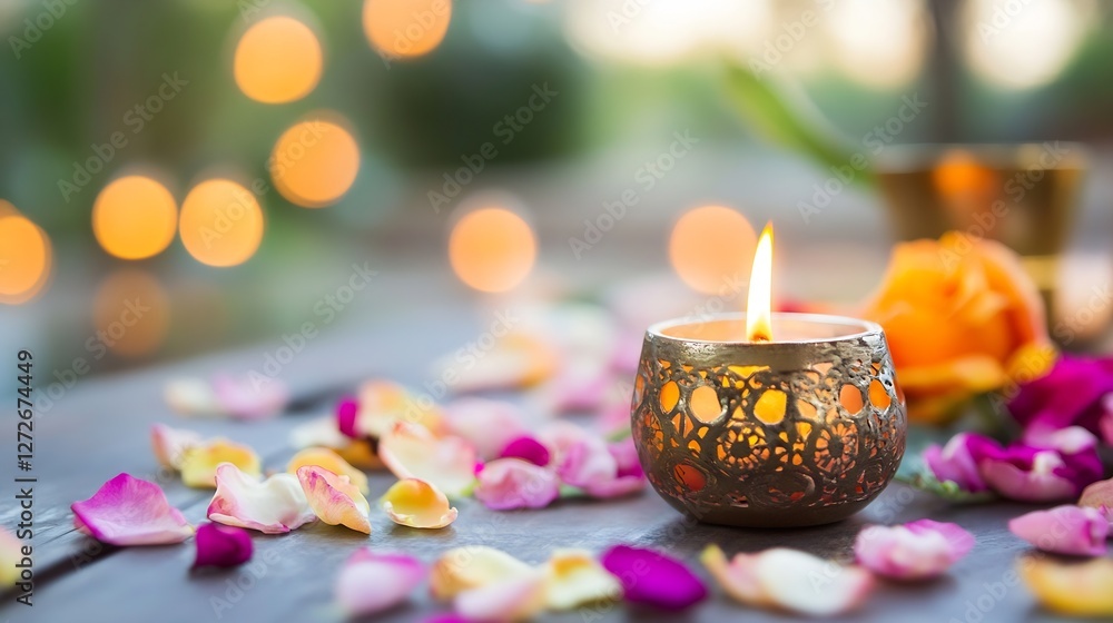 Poster gorgeous candle surrounded by rose petals in a warm and inviting setting : generative ai