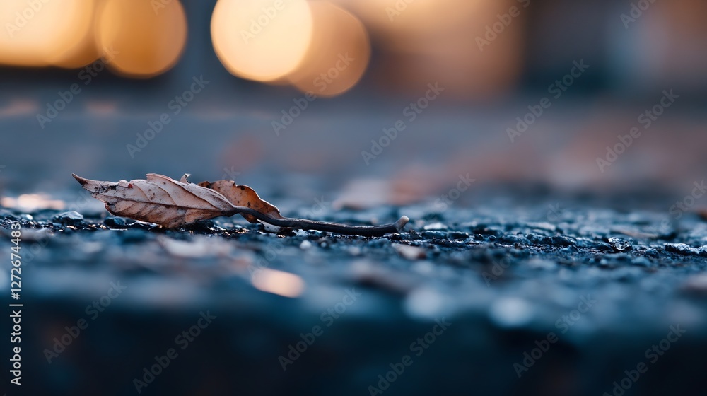 Poster Single Brown Leaf on Wet Pavement with Bokeh Background Captured in Soft Light : Generative AI