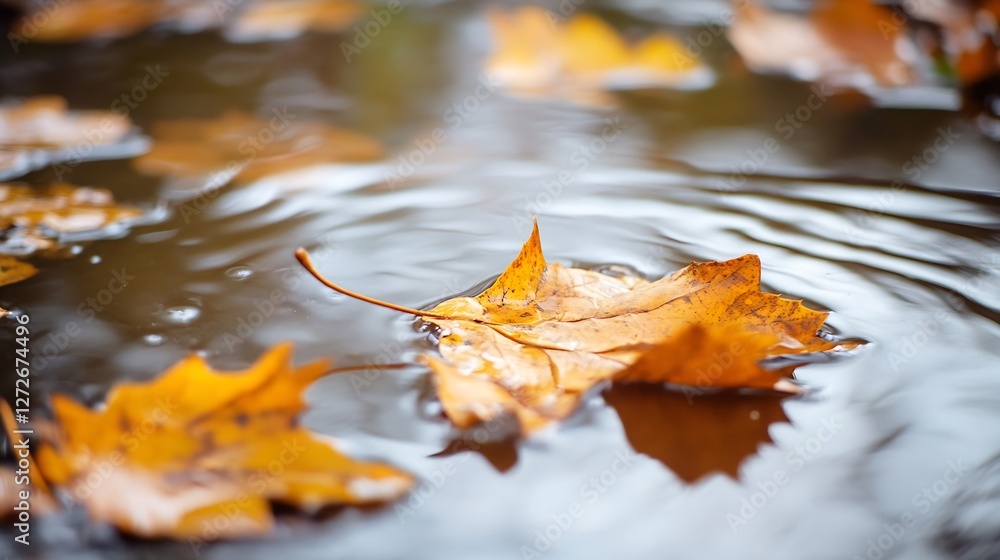Aufkleber Autumn Leaves Floating on Calm Water Surface with Gentle Ripples : Generative AI