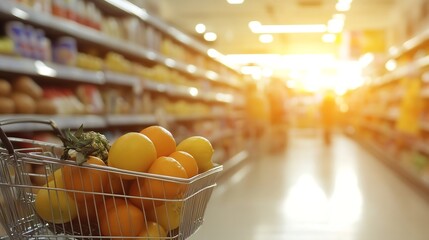Fresh oranges in a shopping cart in a grocery store aisle at sunset : Generative AI