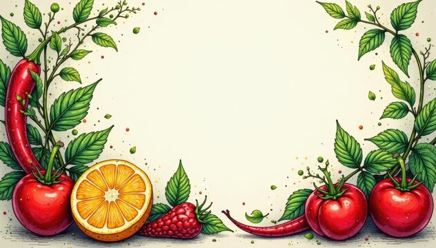 Hand-drawn vibrant spices & herbs, intricate details, paprika, organic