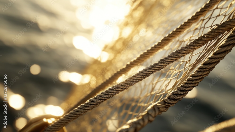 Poster a close-up of a rope net with sunlight reflecting on water, creating a serene atmosphere.