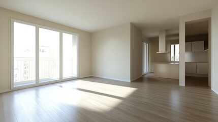 Fototapeta premium Contemporary and spacious empty apartment with large windows and wooden flooring inviting natural light : Generative AI