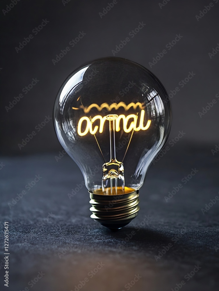 Poster unique vintage light bulb with ornate writing illuminated in darkness : generative ai