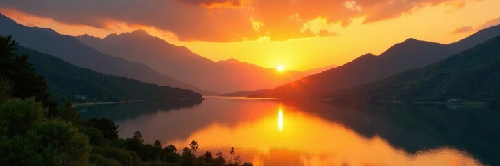 Fototapeta premium Golden sunset casting a warm glow on the mountains and lake at Phu Sub Lek, warm light, landscape