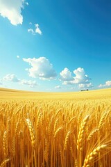 Golden wheat fields stretch towards a brilliant blue sky, bloom, wheat, agriculture