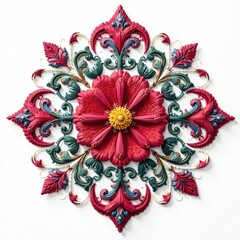 Ornate floral embroidered E, isolated white backdrop, design, alphabet