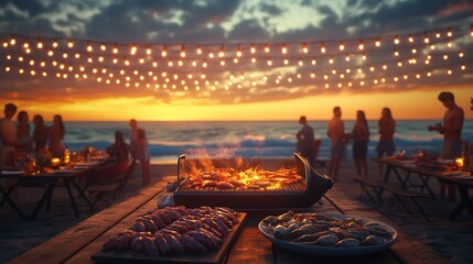 A sunset BBQ party at the beach, a large group of family and friends roasting meats over an open grill, fresh seafood on a wooden table, waves gently crashing in the background,