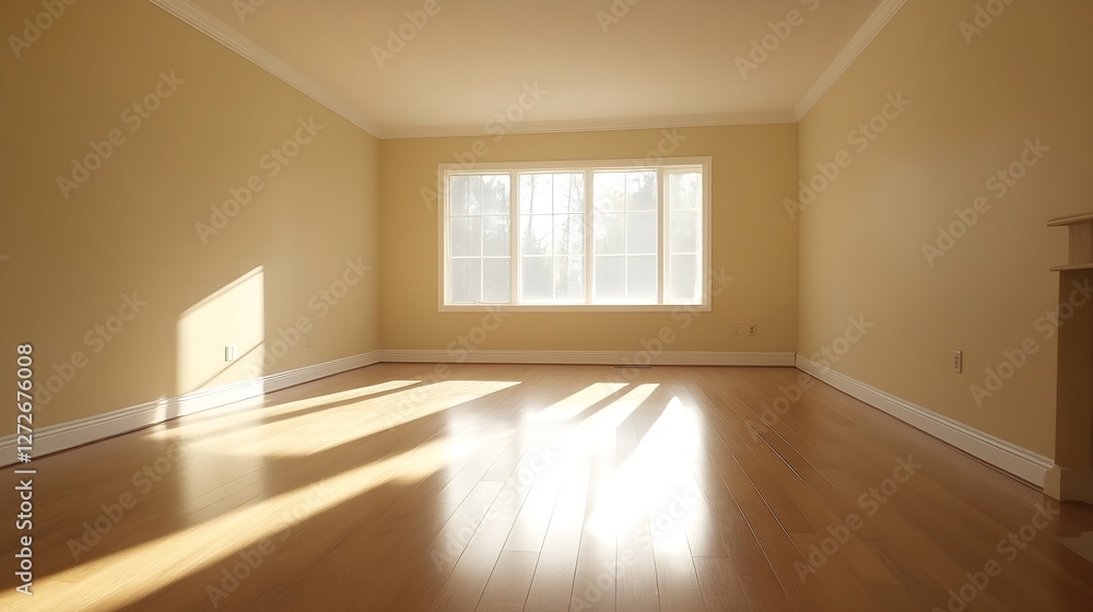 Aufkleber Bright and spacious empty room with sunlight streaming through large windows creating a warm atmosphere : Generative AI