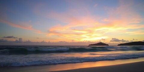 Vibrant sunset over the tranquil beach of Mahe Island, Seychelles, Seychelles, waves, landscape
