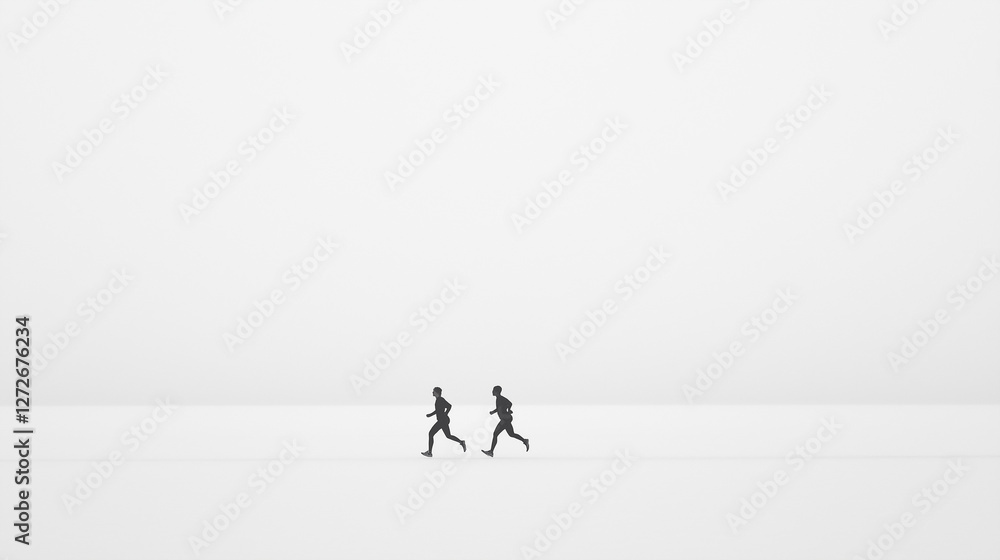 Poster running towards ambition: two figures sprint in unison, embodying ambition and a shared journey forw