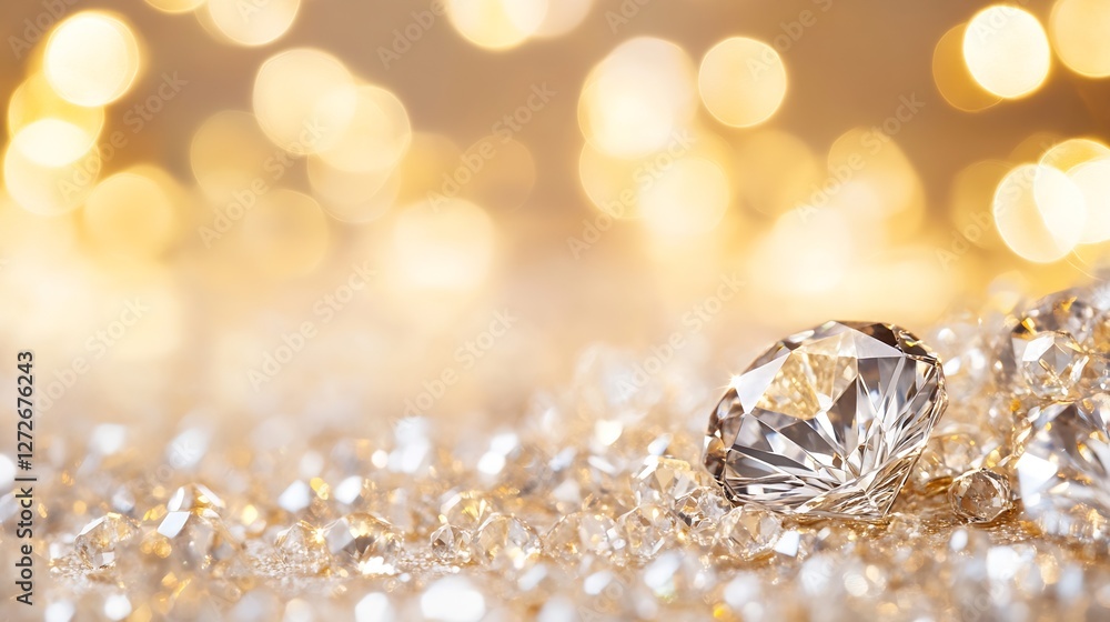 Aufkleber glistening diamonds scattered on a golden background with beautiful bokeh effects : generative ai