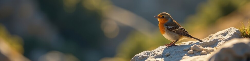 Fototapeta premium Small bird rests on rugged rock, sunlit feathers , rock texture, landscape