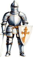 A vintage knight in shining armor, intricately detailed with ornate patterns, available in editable vector formats (PNG, JPG, SVG).