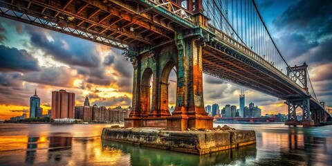 Obraz premium Urban Exploration: Brooklyn Bridge's Historic Steel Structure, Gritty Industrial Detail