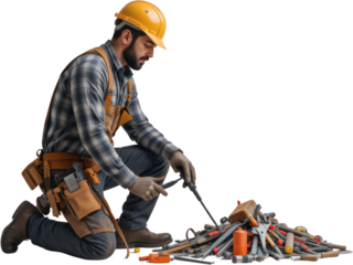 Construction Worker Kneeling Examining Tools Safety Helmet Worksite