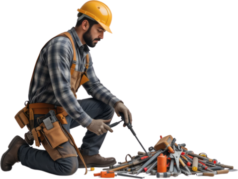Construction Worker Kneeling Examining Tools Safety Helmet Worksite