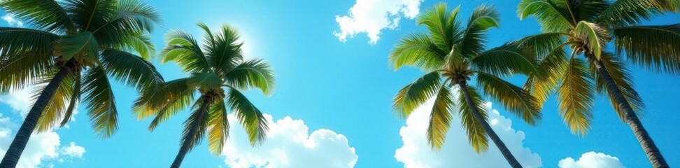 Sun-drenched palms against a cloudless azure sky , green, bright