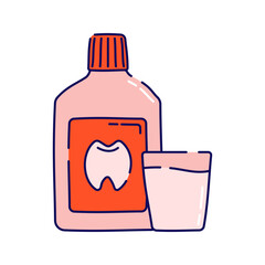Mouthwash with Cup. A bottle of mouthwash with a small cup for oral care.