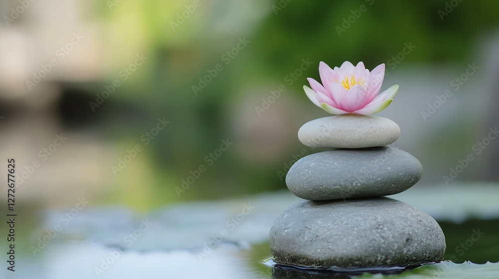 Poster serene stacked stones with lotus blossom in soft focus conveying tranquility and balance in nature :