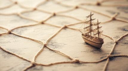 Journey's Beginning: A miniature sailboat rests delicately upon a vintage map, its sails poised as if ready to embark on a great voyage, captured within the gentle embrace of a knotted net.
