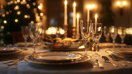 An elegant fine dining candlelit dinner, a luxurious table with polished silverware, soft classical music playing, golden candlelight illuminating gourmet dishes, guests elegantly dressed,