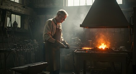 Senior man blacksmith forging metal in traditional workshop with glowing furnace. Artisan craftsmanship in dimly lit forge. Industrial heritage and skilled labor concept.