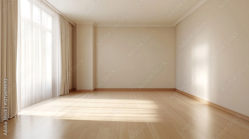 Poster Empty Room with Natural Light Streaming Through Large Windows Giving a Warm Inviting Feel : Generative AI