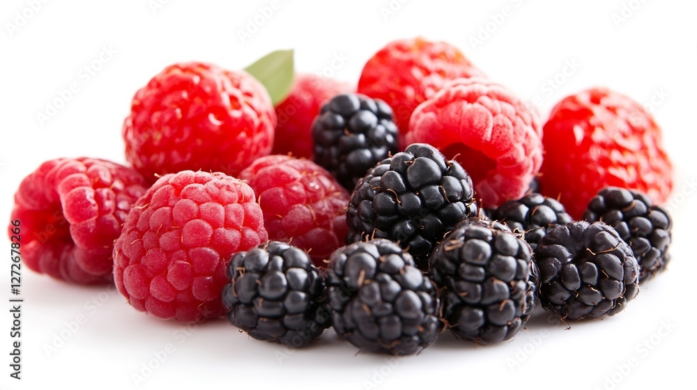 Poster fresh raspberries and blackberries in a vibrant pile on white background : generative ai