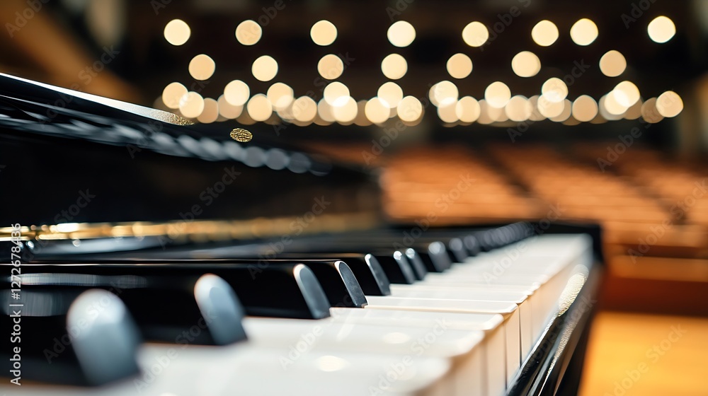 Poster Close Up of Black and White Piano Keys with Blurred Background in Concert Hall : Generative AI