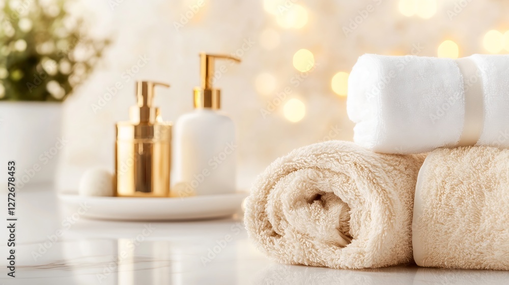 Fototapete soft towels and elegant skincare products arranged in a luxurious bathroom setting with calming ligh